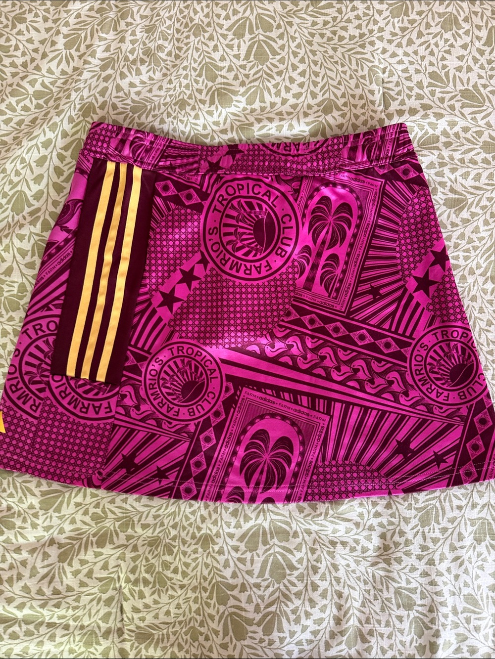 Farm Rio + adidas Magenta Tropical Graphic Mini Skirt with Gold Stripes - Picture 3 of 5